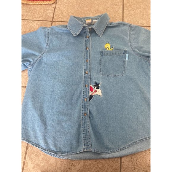 Vintage Looney Tunes Warner Brothers Womens Blue Button Down Shirt Sz 22W - Picture 4 of 7
